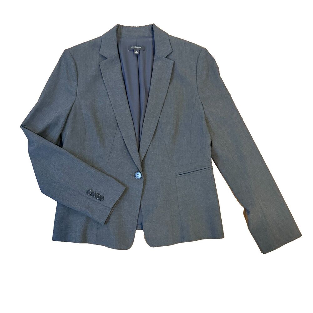 Ann Taylor Womens 12 Gray One Button Blazer Stretch Career Office Suit Jacket